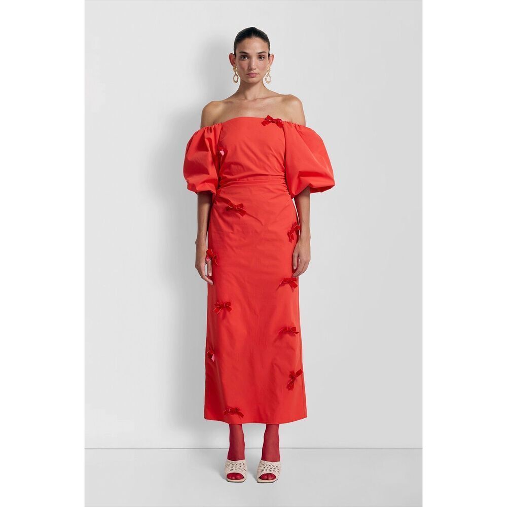 The Wolf Gang Women’s Red/Orange Amar Pencil Fitted Bow Appliqué Midi Off/On Sho